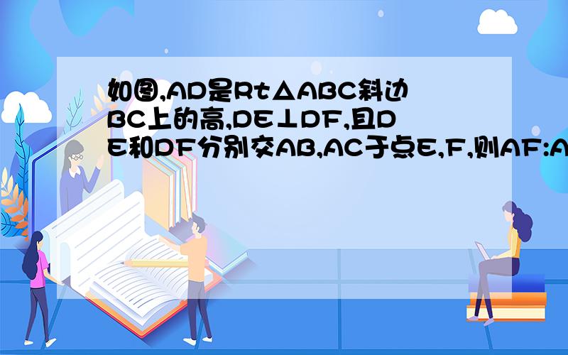 如图,AD是Rt△ABC斜边BC上的高,DE⊥DF,且DE和DF分别交AB,AC于点E,F,则AF:AD=BE:说明理由