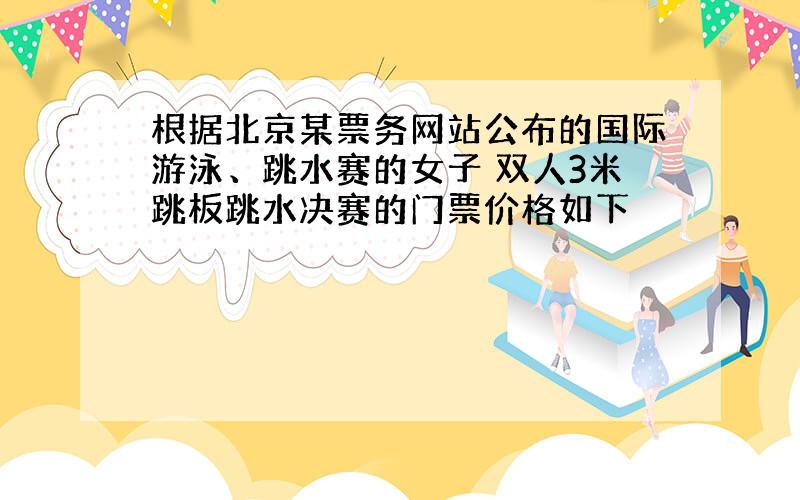 根据北京某票务网站公布的国际游泳、跳水赛的女子 双人3米跳板跳水决赛的门票价格如下
