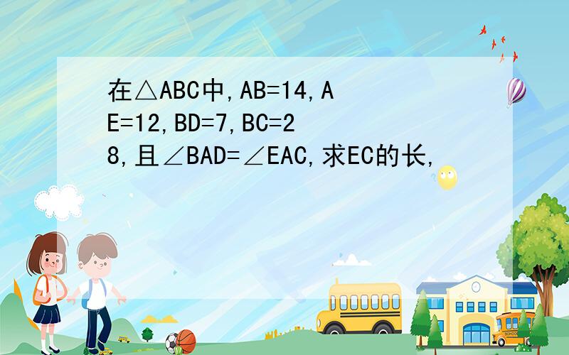 在△ABC中,AB=14,AE=12,BD=7,BC=28,且∠BAD=∠EAC,求EC的长,