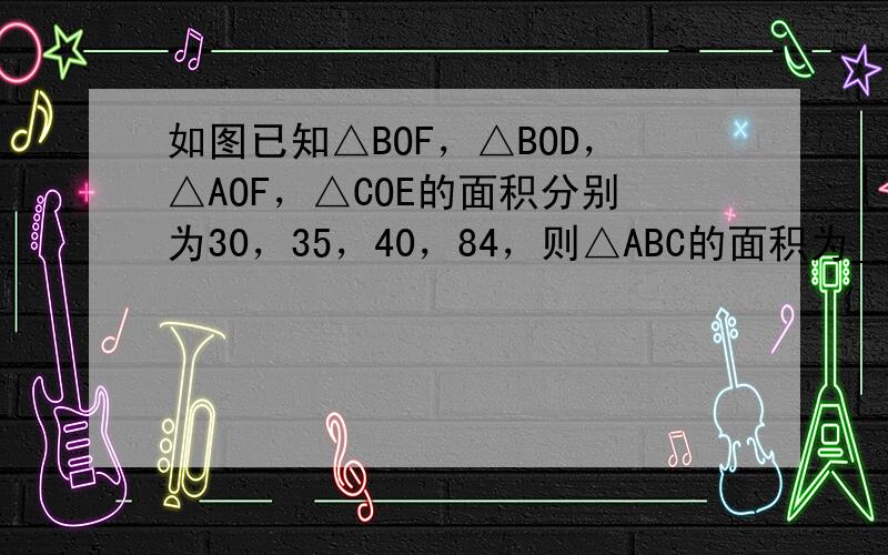 如图已知△BOF，△BOD，△AOF，△COE的面积分别为30，35，40，84，则△ABC的面积为______．