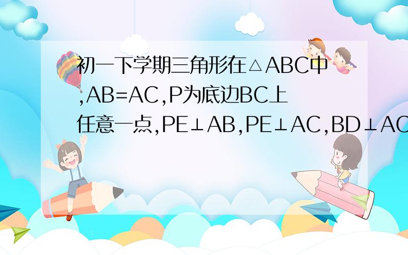 初一下学期三角形在△ABC中,AB=AC,P为底边BC上任意一点,PE⊥AB,PE⊥AC,BD⊥AC.【1】试说明PE＋