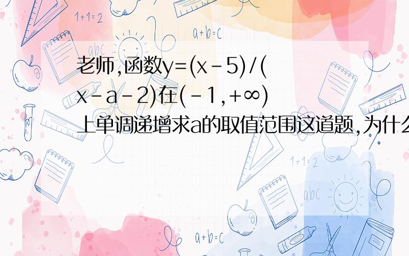 老师,函数y=(x-5)/(x-a-2)在(-1,+∞)上单调递增求a的取值范围这道题,为什么求导做不出a小于等于-3呢