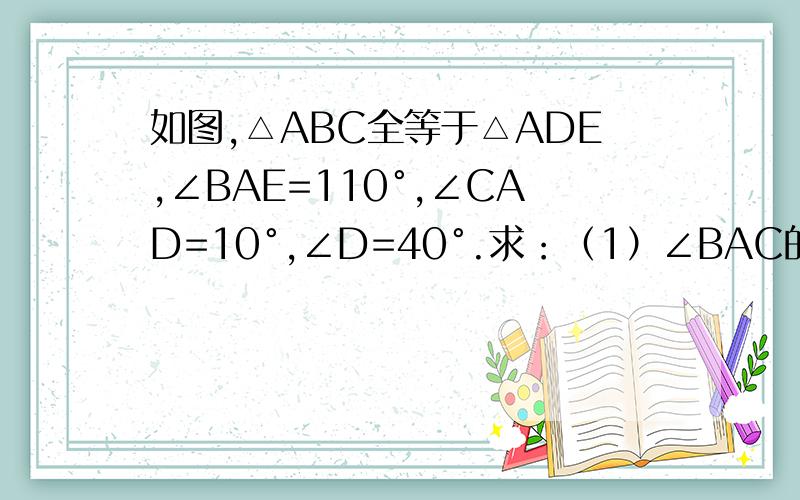 如图,△ABC全等于△ADE,∠BAE=110°,∠CAD=10°,∠D=40°.求：（1）∠BAC的度数；（2）∠E的