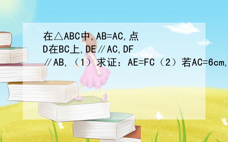 在△ABC中,AB=AC,点D在BC上,DE∥AC,DF∥AB,（1）求证：AE=FC（2）若AC=6cm,试求四边形A