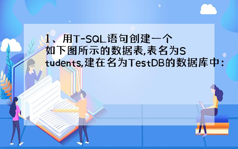1、用T-SQL语句创建一个如下图所示的数据表,表名为Students,建在名为TestDB的数据库中：