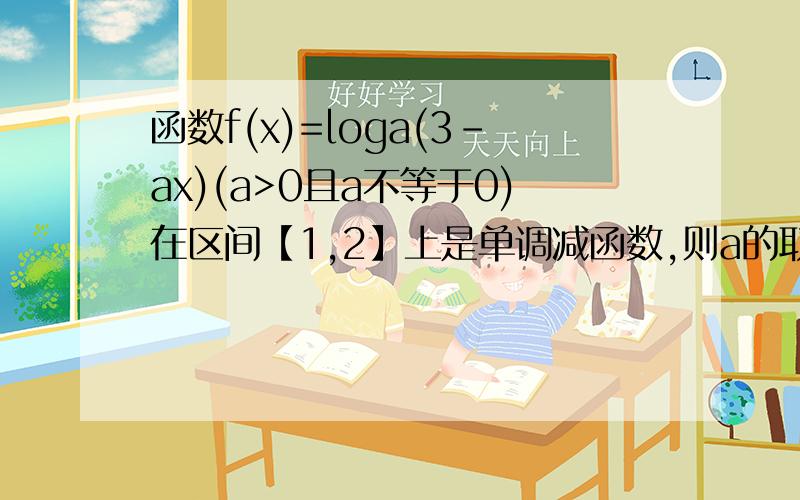 函数f(x)=loga(3-ax)(a>0且a不等于0)在区间【1,2】上是单调减函数,则a的取值范围