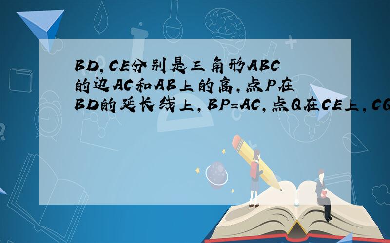BD,CE分别是三角形ABC的边AC和AB上的高,点P在BD的延长线上,BP=AC,点Q在CE上,CQ=AB.
