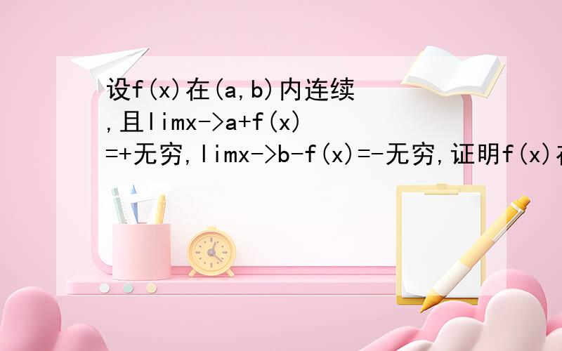 设f(x)在(a,b)内连续,且limx->a+f(x)=+无穷,limx->b-f(x)=-无穷,证明f(x)在（a,