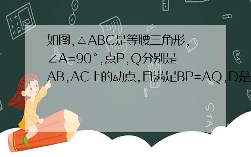 如图,△ABC是等腰三角形,∠A=90°,点P,Q分别是AB,AC上的动点,且满足BP=AQ,D是BC的中点.