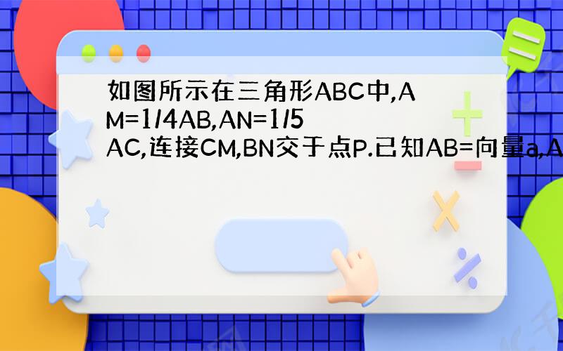 如图所示在三角形ABC中,AM=1/4AB,AN=1/5AC,连接CM,BN交于点P.已知AB=向量a,AC=向量b,用