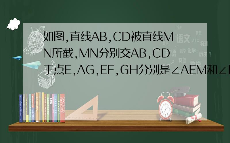 如图,直线AB,CD被直线MN所截,MN分别交AB,CD于点E,AG,EF,GH分别是∠AEM和∠DGN的平分线,且∠1