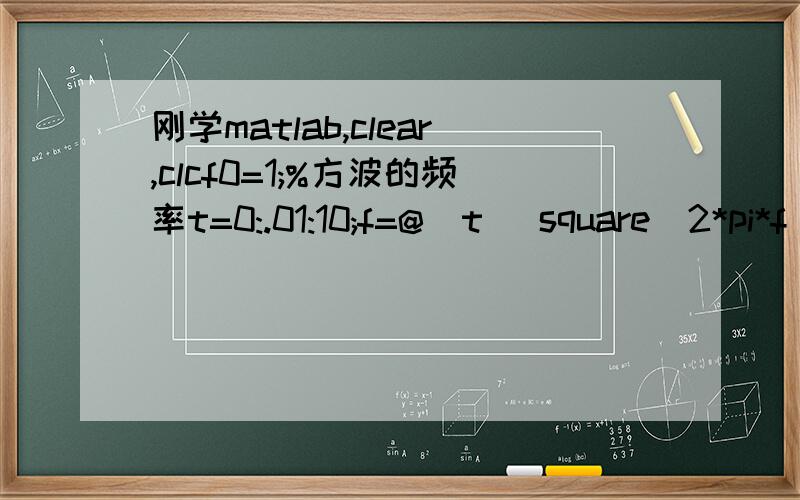 刚学matlab,clear,clcf0=1;%方波的频率t=0:.01:10;f=@(t) square(2*pi*f