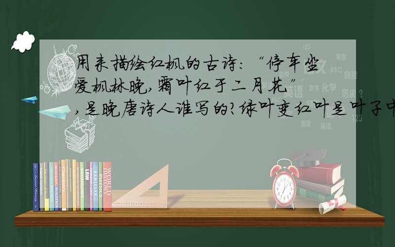 用来描绘红枫的古诗：“停车坐爱枫林晚,霜叶红于二月花.”,是晚唐诗人谁写的?绿叶变红叶是叶子中什么减少的缘故?