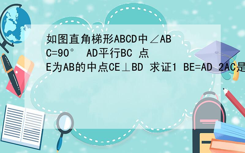 如图直角梯形ABCD中∠ABC=90° AD平行BC 点E为AB的中点CE⊥BD 求证1 BE=AD 2AC是DE的垂直