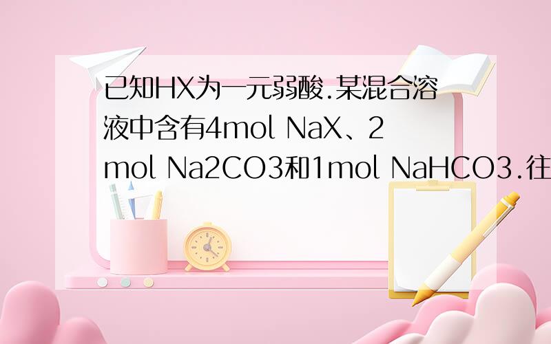 已知HX为一元弱酸.某混合溶液中含有4mol NaX、2mol Na2CO3和1mol NaHCO3.往溶液中通入3mo