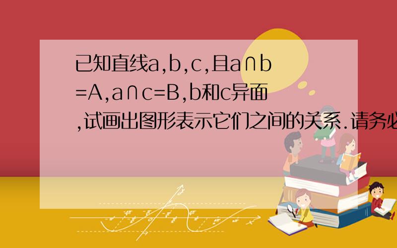 已知直线a,b,c,且a∩b=A,a∩c=B,b和c异面,试画出图形表示它们之间的关系.请务必画出图!
