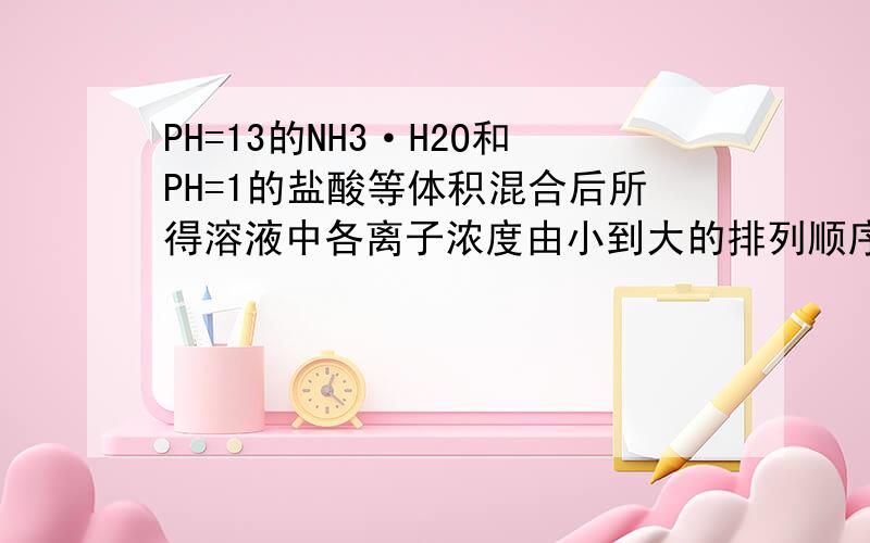 PH=13的NH3·H2O和PH=1的盐酸等体积混合后所得溶液中各离子浓度由小到大的排列顺序是